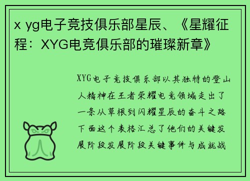 x yg电子竞技俱乐部星辰、《星耀征程：XYG电竞俱乐部的璀璨新章》