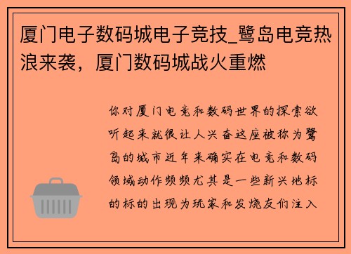 厦门电子数码城电子竞技_鹭岛电竞热浪来袭，厦门数码城战火重燃